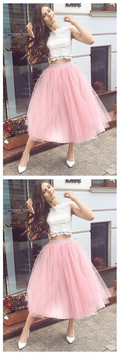 Fashion Two Piece Pink Homecoming Dress, Tulle Lace Party Dress cg8030