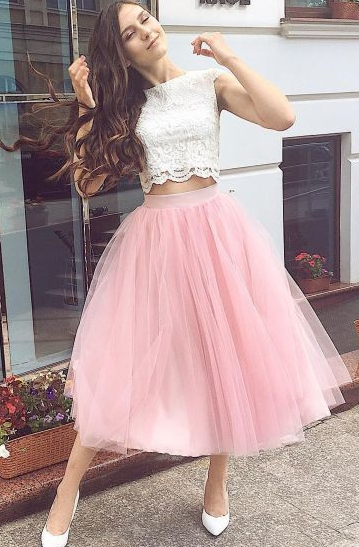 Fashion Two Piece Pink Homecoming Dress, Tulle Lace Party Dress cg8030