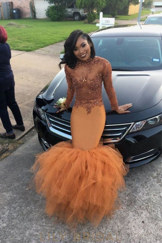 Tüll Lange Ärmel Stehkragen Perlen Applikationen Staub Orange Meerjungfrau Ballkleid cg8043