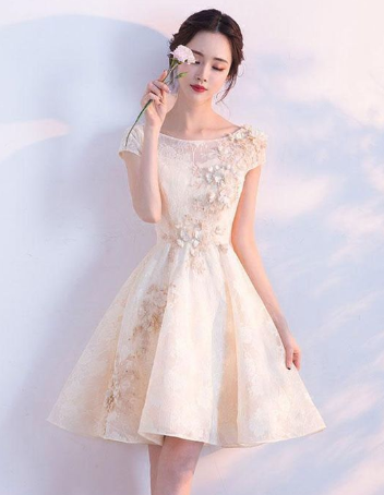 Champagnerfarbenes kurzes Homecoming-Kleid aus Spitze, Champagnerfarbenes Homecoming-Kleid cg806