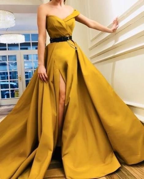 Off shoulder prom dress,sexy evening dress with belt,party dress with split cg8094
