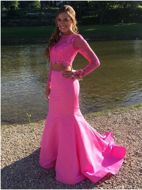 Amazing Mermaid Long Sleeve Satin Lace Two Pieces Long Pink Prom Dress 2020,prom dress cg8097