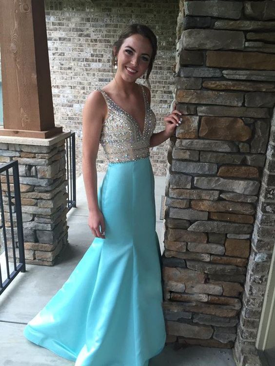 Sexy V-Ausschnitt Blaue Meerjungfrau Ballkleider, Perlenbesetzte Hochzeitspartykleider, Langes Abendkleid cg8141