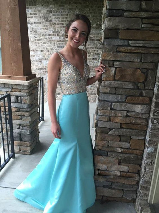 Sexy V-Ausschnitt Blaue Meerjungfrau Ballkleider, Perlenbesetzte Hochzeitspartykleider, Langes Abendkleid cg8141