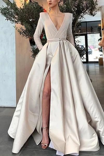 colour block prom dress Elegant Fashion Slim Color Block Long Sleeve Fork Prom Dress cg8167 classygown