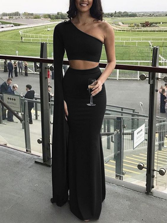 Black Asymmetric Shoulder Cut Out Backless Two Piece Mermaid Prom Evening Party Maxi Dress cg8182