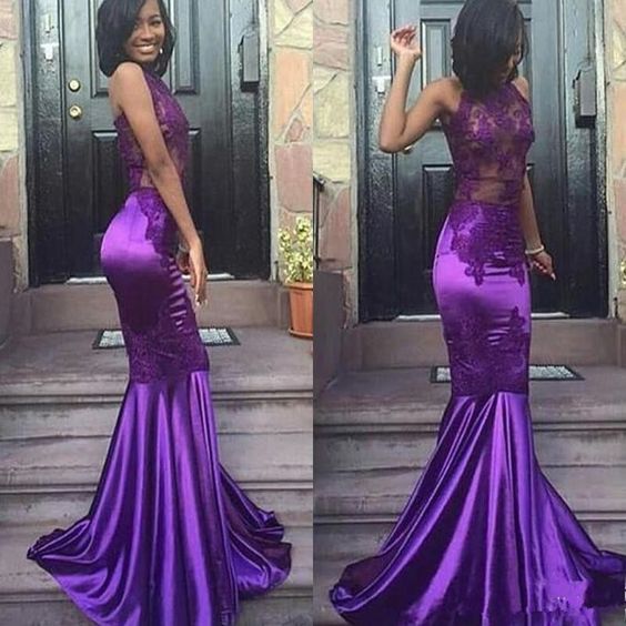 Lila Sexy Meerjungfrau Ballkleider Lange Neckholder Spitze Applikationen Partykleid cg8195