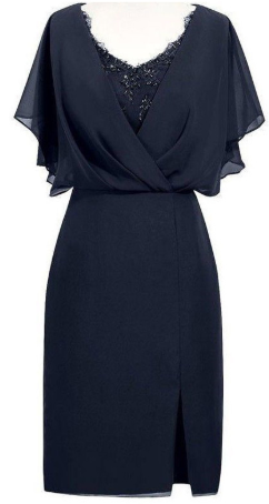 Etuikleid mit V-Ausschnitt, kurz, marineblau, Chiffon, für die Brautmutter, mit Perlenbesatz, cg821