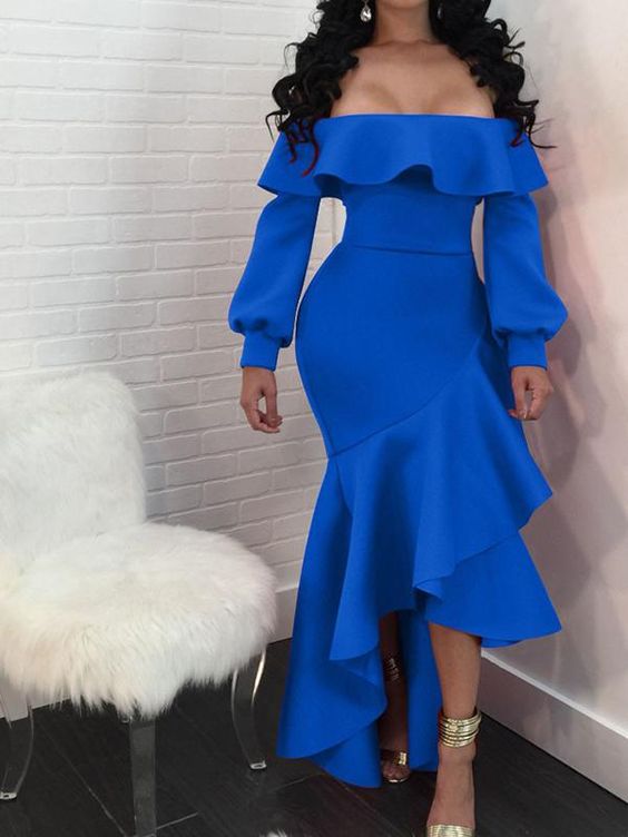 Sapphire Blue Ruffle Irregular Off Shoulder Balloon Sleeve Elegant Par classygown Sapphire Blue Ruffle Irregular Off Shoulder Balloon Sleeve Elegant Par classygown