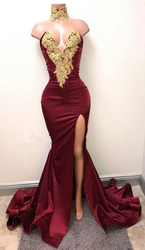 Gorgeous Burgundy Mermaid Prom Dresses Gold Lace Appliques Side Slit E classygown Gorgeous Burgundy Mermaid Prom Dresses Gold Lace Appliques Side Slit E classygown