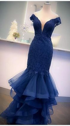 Meerjungfrau-Ballkleid, Marineblaues Abendkleid, Modisches schulterfreies Ballkleid mit Ärmeln cg8259