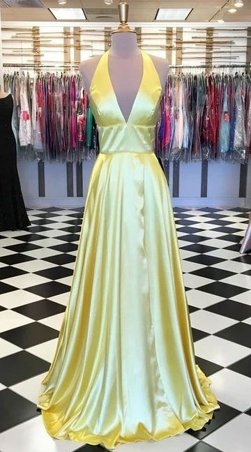 Gelbes Ballkleid, Neckholder-Abendkleid mit Schlitz, cg8285