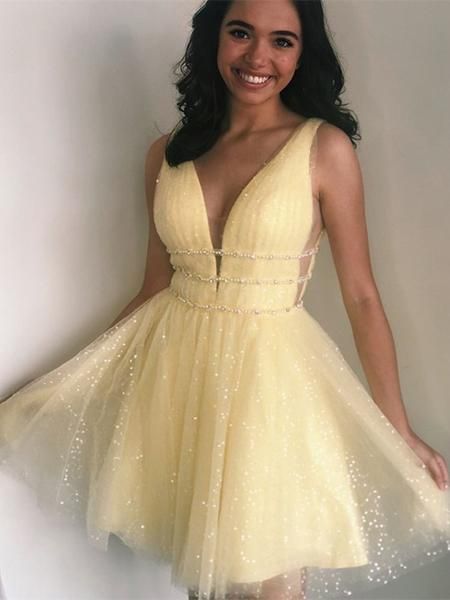 A-line V-neck Sparkly Yellow Tulle Beading Short Homecoming Dress cg8292
