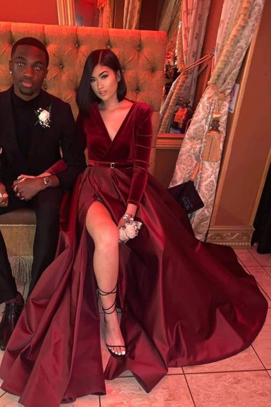 Sheath Long Sleeves Split Short Red Prom Dresses 2020 cg8322