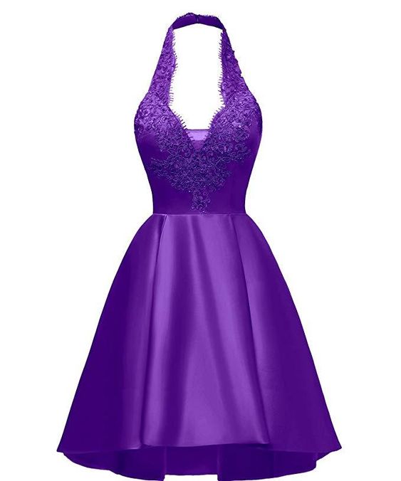 Halter Deep V Neck Satin Appliques Purple Backless Pleated A Line Homecoming Dresses cg8342
