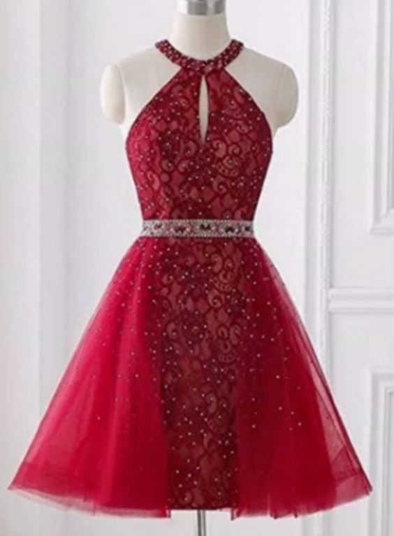 Red Halter Sleeveless Backless Lace A Line Homecoming Dresses cg8349