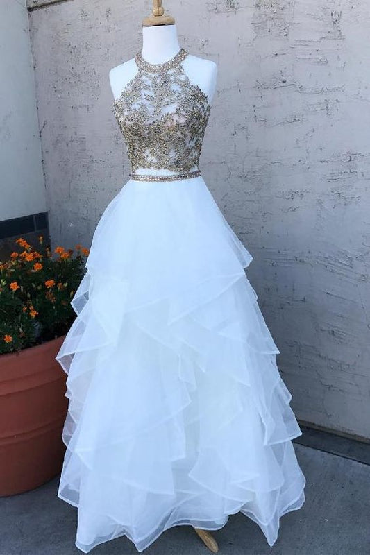 Bequeme Ballkleider 2019, glitzernde Pailletten, zweiteiliges, weißes, langes Ballkleid cg835