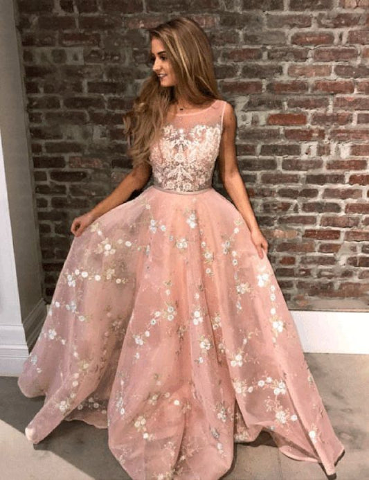 Zartrosa A-Linien-Ballkleid aus Spitze, langes Ballkleid cg836