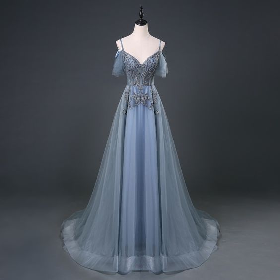 Blue v neck tulle lace long prom dress, evening dress cg8374