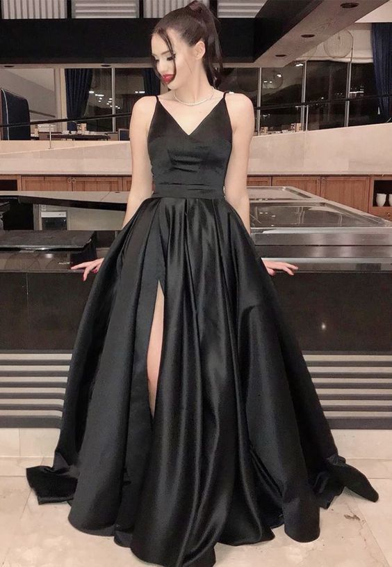 black satin prom dress, simple evening dress cg8404