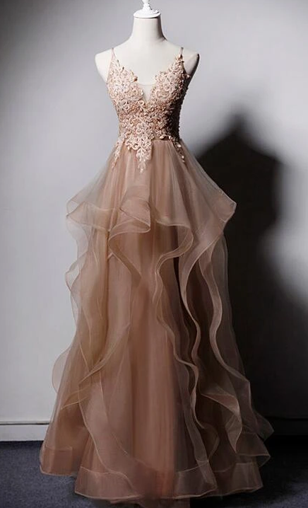 High Quality Tulle V-Neclike Long Prom Dress, Lace Applique Straps Party Dress cg8437