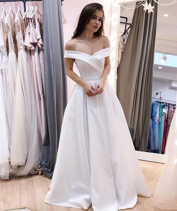 Simple White Off the Shoulder Satin Prom Dress cg8446 classygown Simple White Off the Shoulder Satin Prom Dress cg8446 classygown