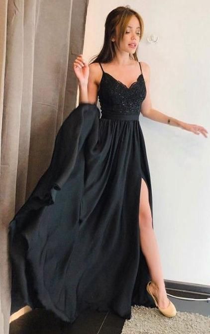 Schwarzes, appliziertes A-Linien-Langballkleid mit Schlitz, modisches Winter-Formkleid, Hochzeitspartykleid cg847