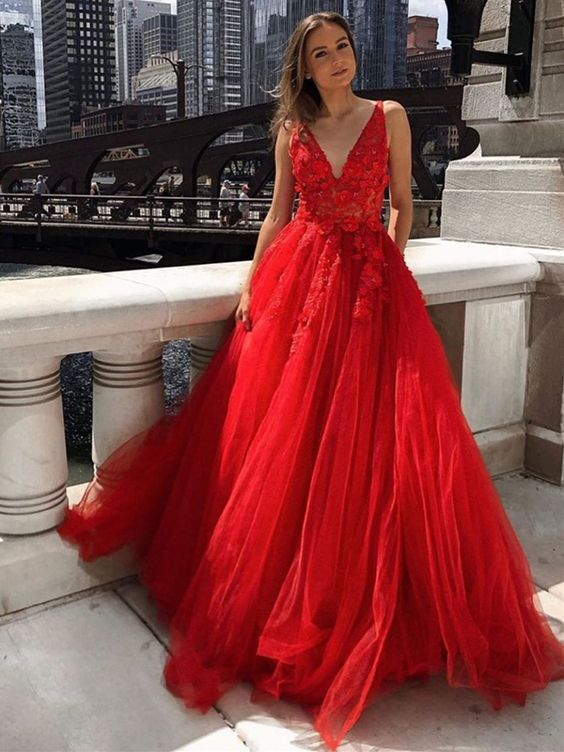 A Line V Neck Appliques Red Lace Long Prom Dresses 2020, Red Lace Appliques Formal Dresses, Red Lace Evening Dresses cg8477