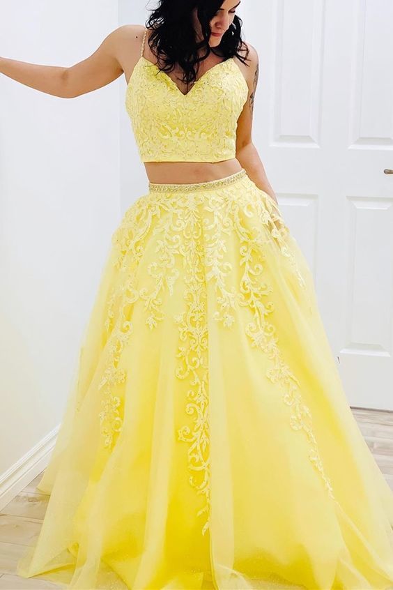 two piece yellow prom dress with lace top and pockets cg8482