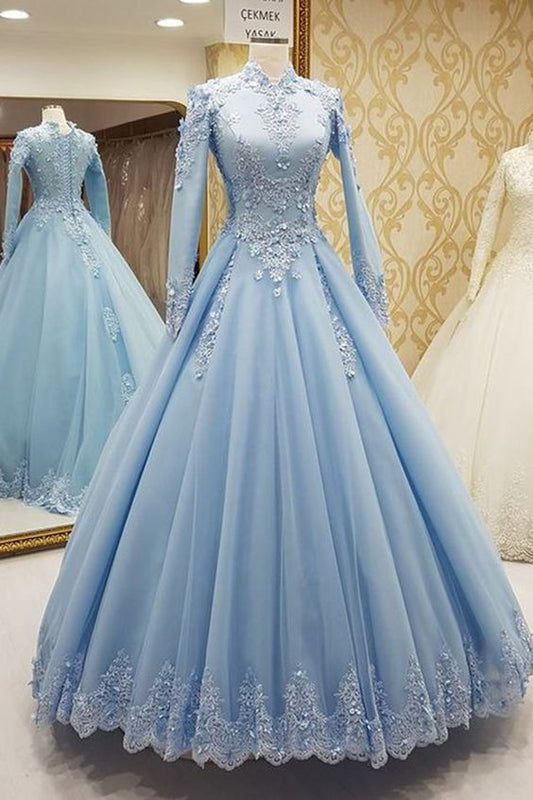 Blaues Tüll-Abendkleid mit hohem Halsausschnitt und langen Ärmeln, cg849