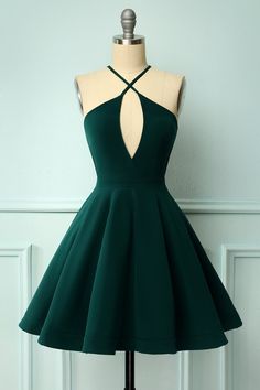 Dark Green Simple Halter Backless Short Homecoming Dress with Keyhole cg8490