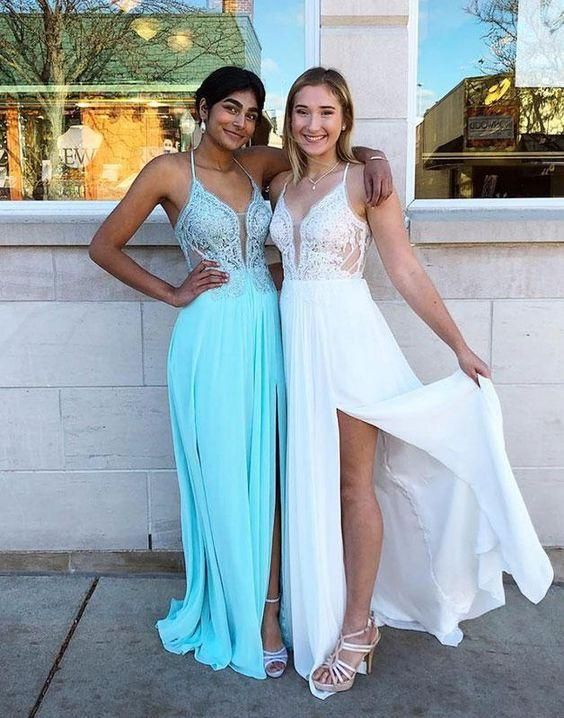 Unique v neck lace chiffon long prom dress, lace evening dress cg8518