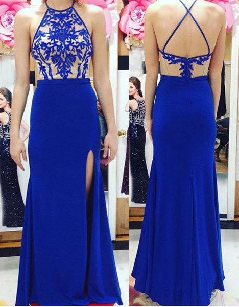 Sexy Royalblau Schlitz Meerjungfrau Ballkleider, Offener Rücken Langes Abendkleid cg8520