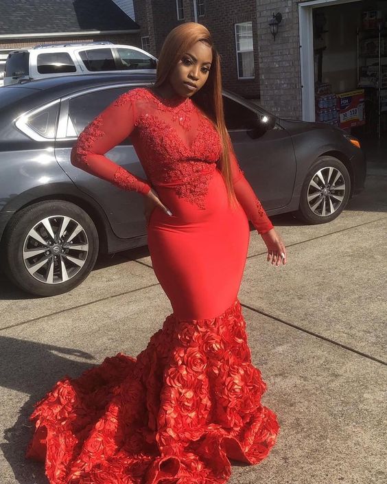 African Long Sleeves Prom Dress High Neck Lace Appliques Beaded 3D Flowers Plus Size Evening Dresses Long Party Gowns cg8544
