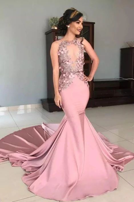 Sheer Tulle Pink Lace Appliques Prom Dresses | Mermaid Sleeveless Sexy Evening Gowns cg8548