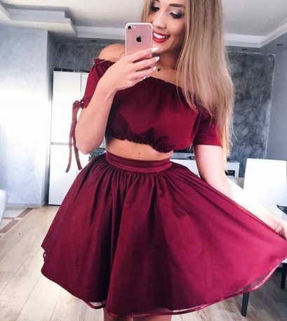 A-Linie, schulterfrei, kurze Ärmel, Burgunderrot, kurzes Homecoming-Kleid, cg855