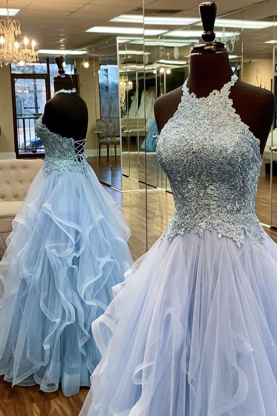 halter A-line blue long prom dress with cascade and open back cg8568
