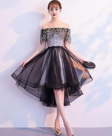 Kurzes Kleid aus schwarzem Tüllspitze, schwarzes Homecoming-Kleid aus Tüll cg857