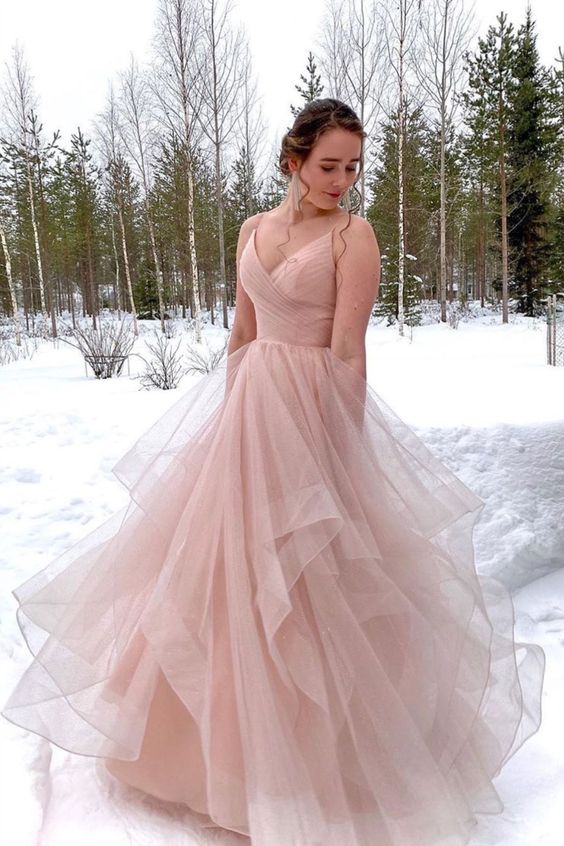 straps v neck pink long ball gown with cascade prom Dress cg8571