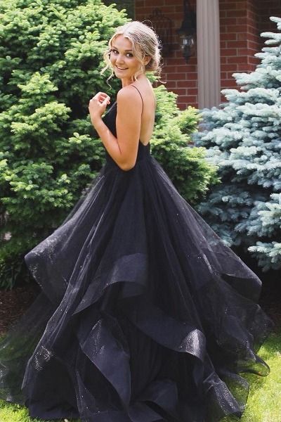 2020 black long prom dress with open back and cascade cg8576