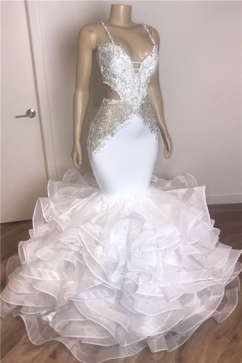 Spaghetti Straps Mermaid Ruffles White Prom Dresses cg8580