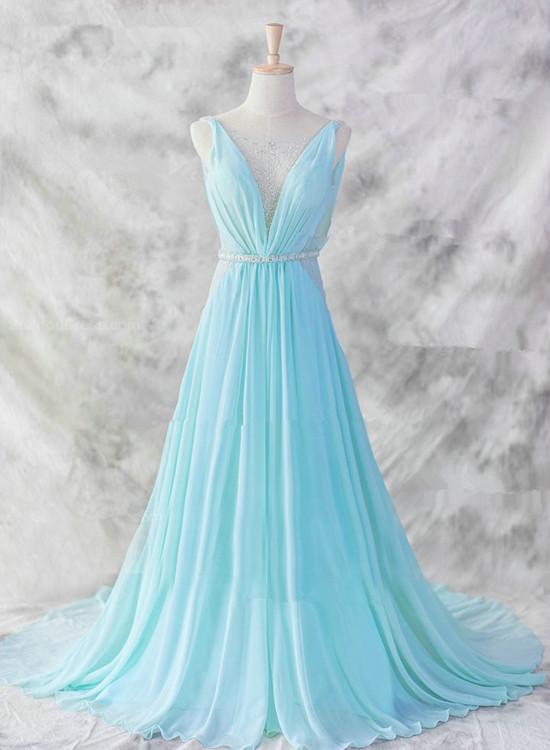 Light Blue Chiffon Long Evening Dress, Blue Beaded Waist Wedding Party prom Dress cg8606