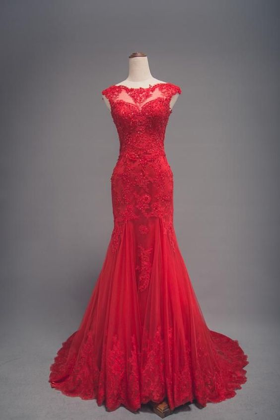 Modest Mermaid Red Lace Wedding prom Dress cg8612