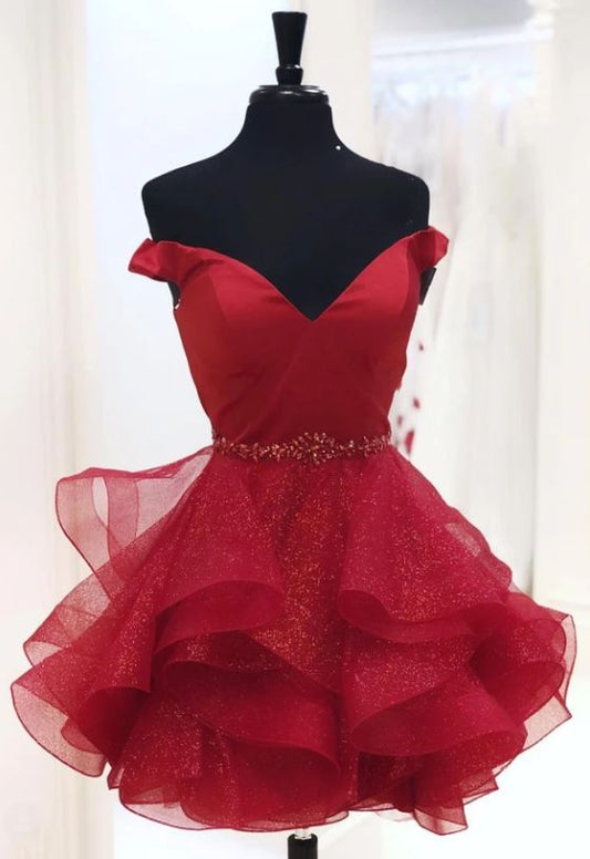 Burgunderrotes, schulterfreies, kurzes Homecoming-Kleid cg8614