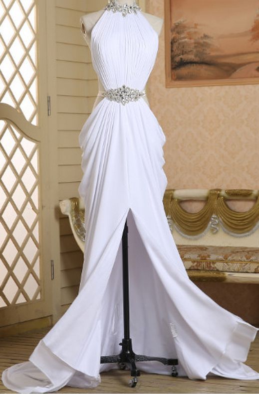 Sexy Column Long Prom Dress,Halter Neck Slip White Chiffon Prom Dress, Beading Prom Dress cg8622