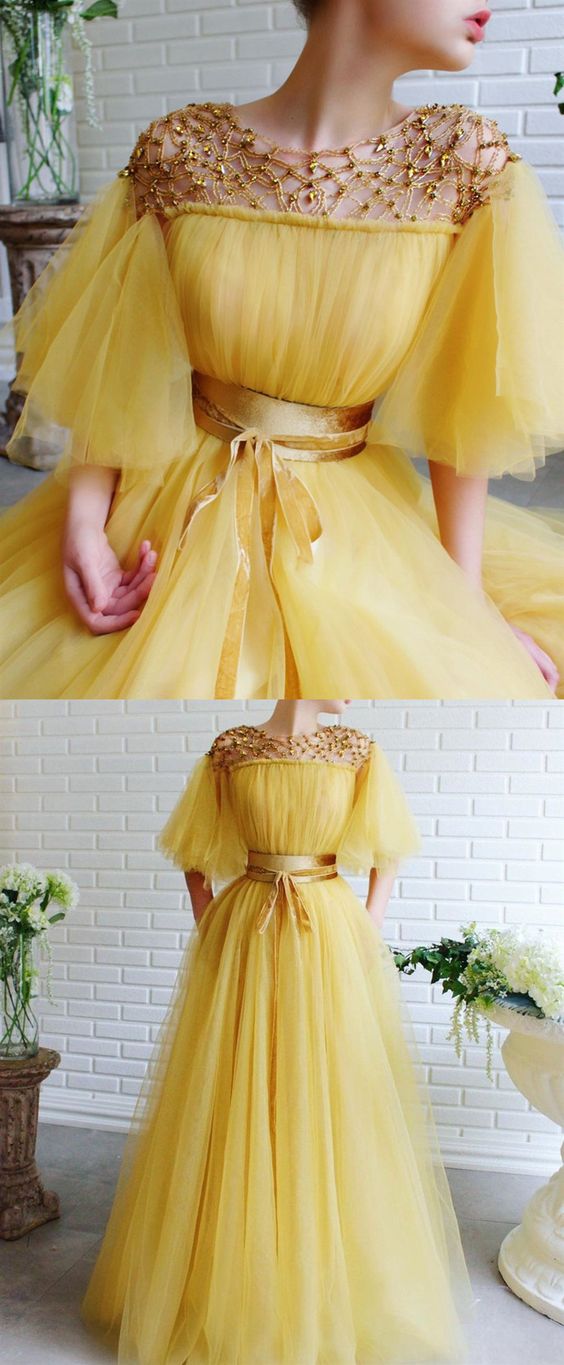 modest yellow prom dress long prom dresses with tulle evening gown cg8637