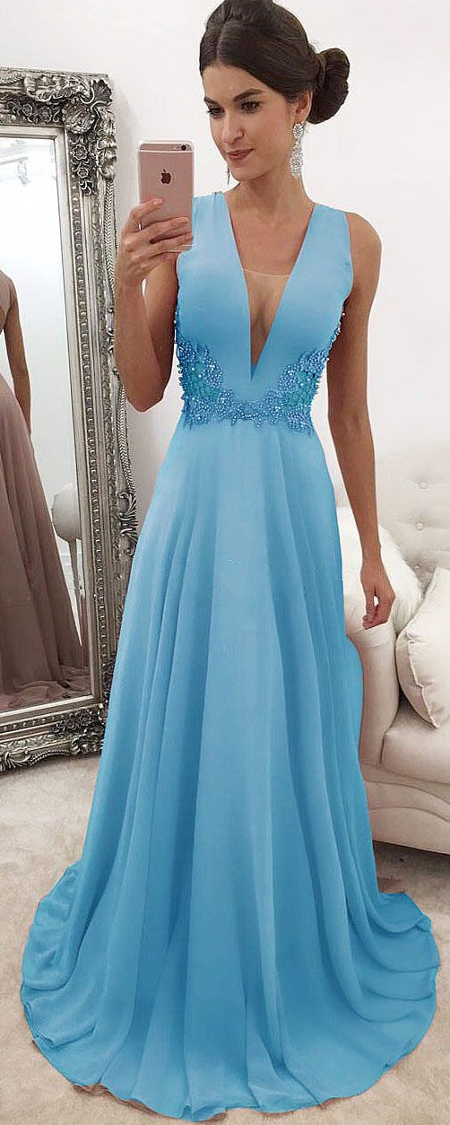 Charming Blue V neck Evening Dress, Sexy Sleeveless Beaded Long Prom Dresses cg8645