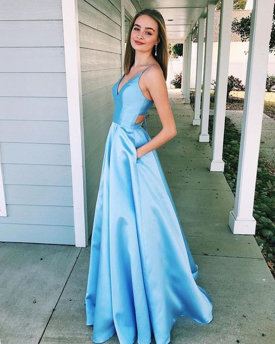 Charming Blue V neck Evening Dress, Sexy Sleeveless Beaded Long Prom Dresses cg8646
