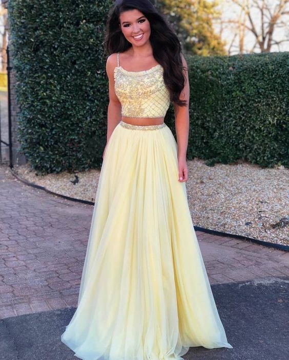 Charming Two Piece Appliques Yellow Prom Dress, Sexy Spaghetti Straps Evening Party Dress cg8655