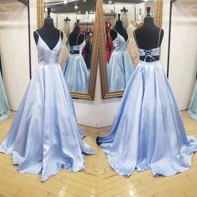 A-line Blue Satin Long Prom Dress with Lace Up Back cg8671